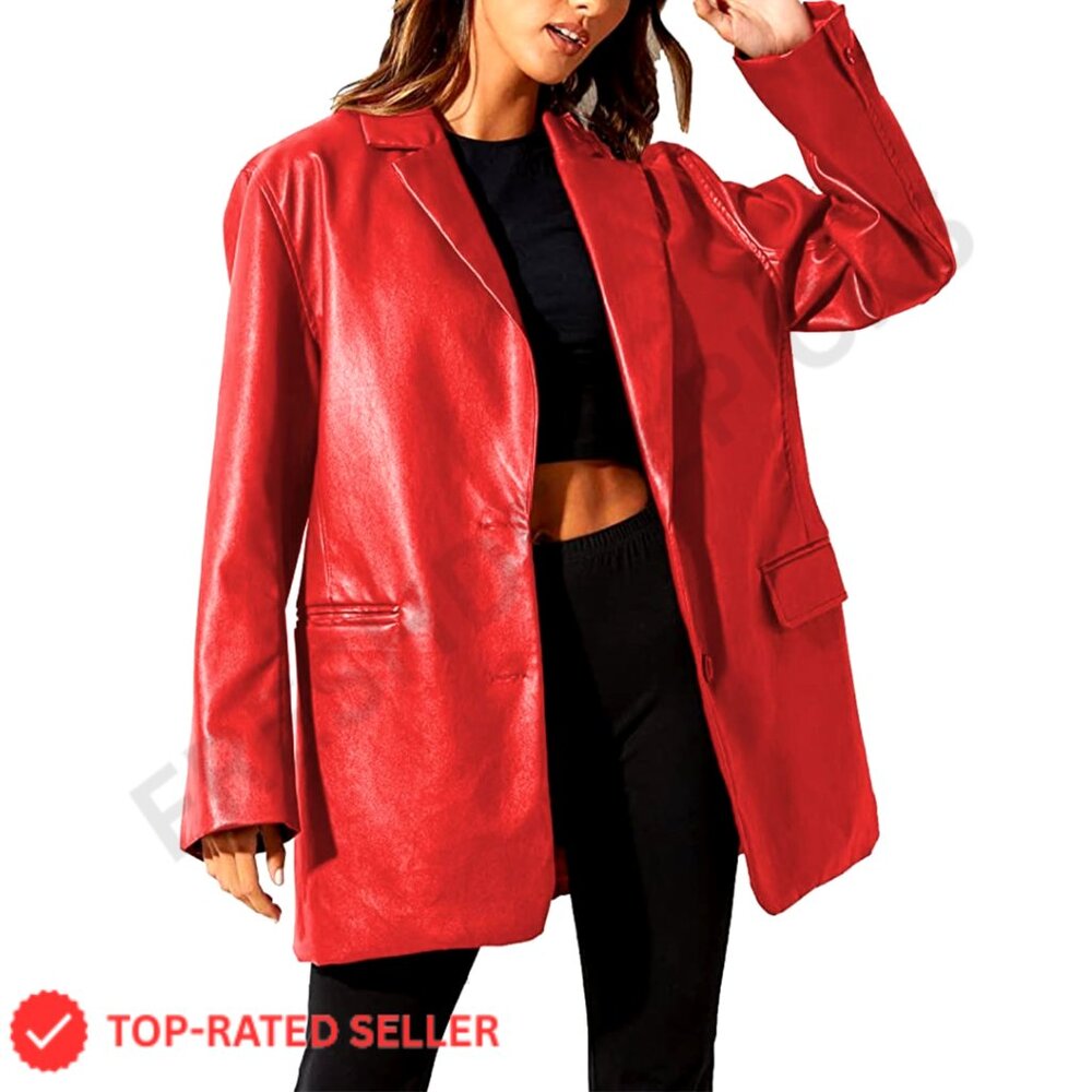 Oversized Faux Leather Blazer Jacket with Pockets, Button Down Lapel Coat